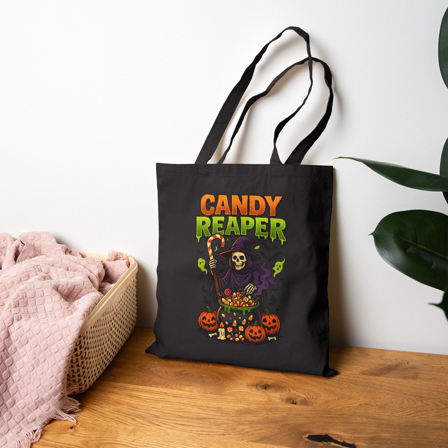 Candy Reaper Halloween Tote Bag Funny Grim Reaper Trick or Treat Bag Spooky Pumpkin Candy Cauldron Tote Reusable Halloween Gift Idea