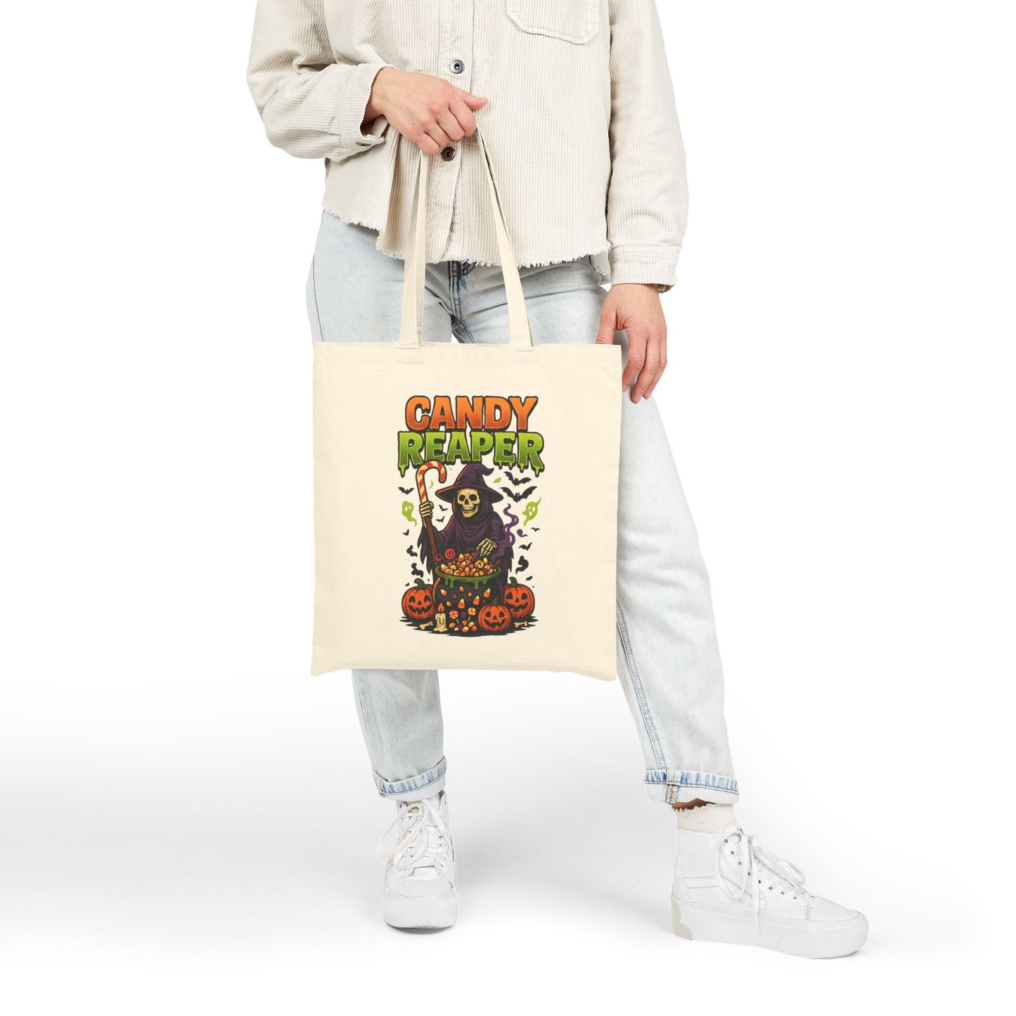 Candy Reaper Halloween Tote Bag Funny Grim Reaper Trick or Treat Bag Spooky Pumpkin Candy Cauldron Tote Reusable Halloween Gift Idea