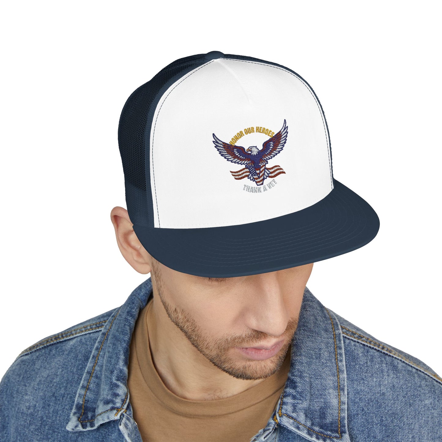 Veterans Trucker Hat Patriotic Eagle and Flag Cap Honor Our Heroes Thank a Vet Military Pride Gift for Veterans Day Memorial Day