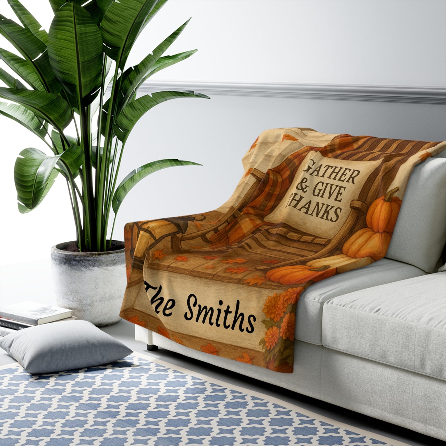 Personalized Fall Blanket Gather & Give Thanks Sherpa Fleece Custom Name Autumn Throw in 2 Sizes
