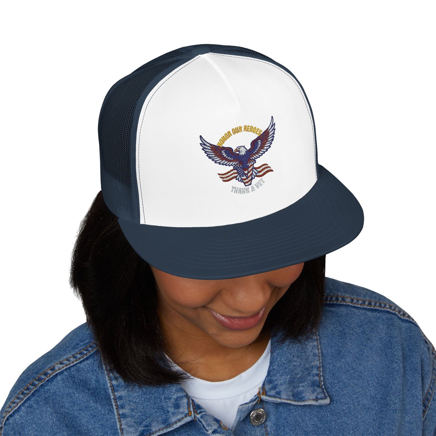 Veterans Trucker Hat Patriotic Eagle and Flag Cap Honor Our Heroes Thank a Vet Military Pride Gift for Veterans Day Memorial Day