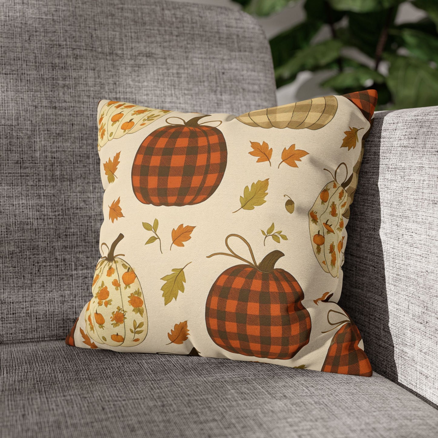 Pumpkin Pattern Spun Polyester Pillow Cozy Autumn Accent Cushion for Sofa, Bed, or Chair, Fall Home Decor in 4 Sizes