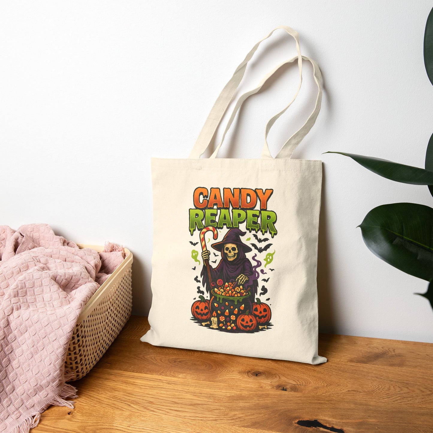 Candy Reaper Halloween Tote Bag Funny Grim Reaper Trick or Treat Bag Spooky Pumpkin Candy Cauldron Tote Reusable Halloween Gift Idea