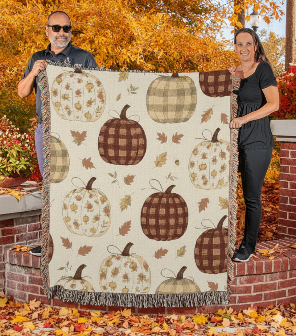 Cozy Pumpkin Woven Blanket Rustic Autumn Throw with Neutral Fall Pattern, Soft Decorative Accent for Couch or Bed, 2 Sizes
