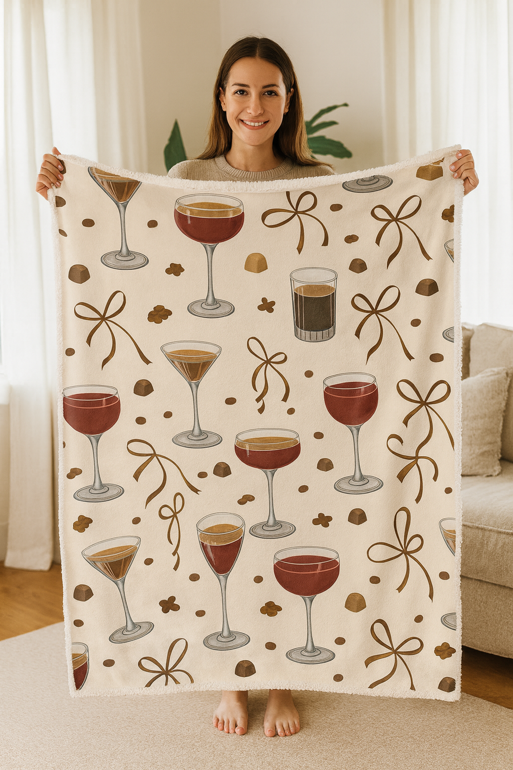 Cozy Sherpa Fleece Blanket with Cocktail & Chocolate Print Soft Throw for Living Room, Bar Lounge, or Gift 2 Sizes