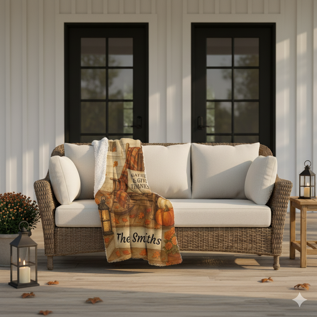 Personalized Fall Blanket Gather & Give Thanks Sherpa Fleece Custom Name Autumn Throw in 2 Sizes