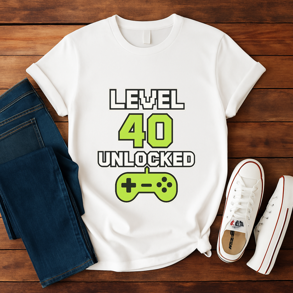 Level 40 Unlocked Shirt Funny Gamer 40th Birthday T-Shirt Retro Video Game Controller Gift for Men and Women