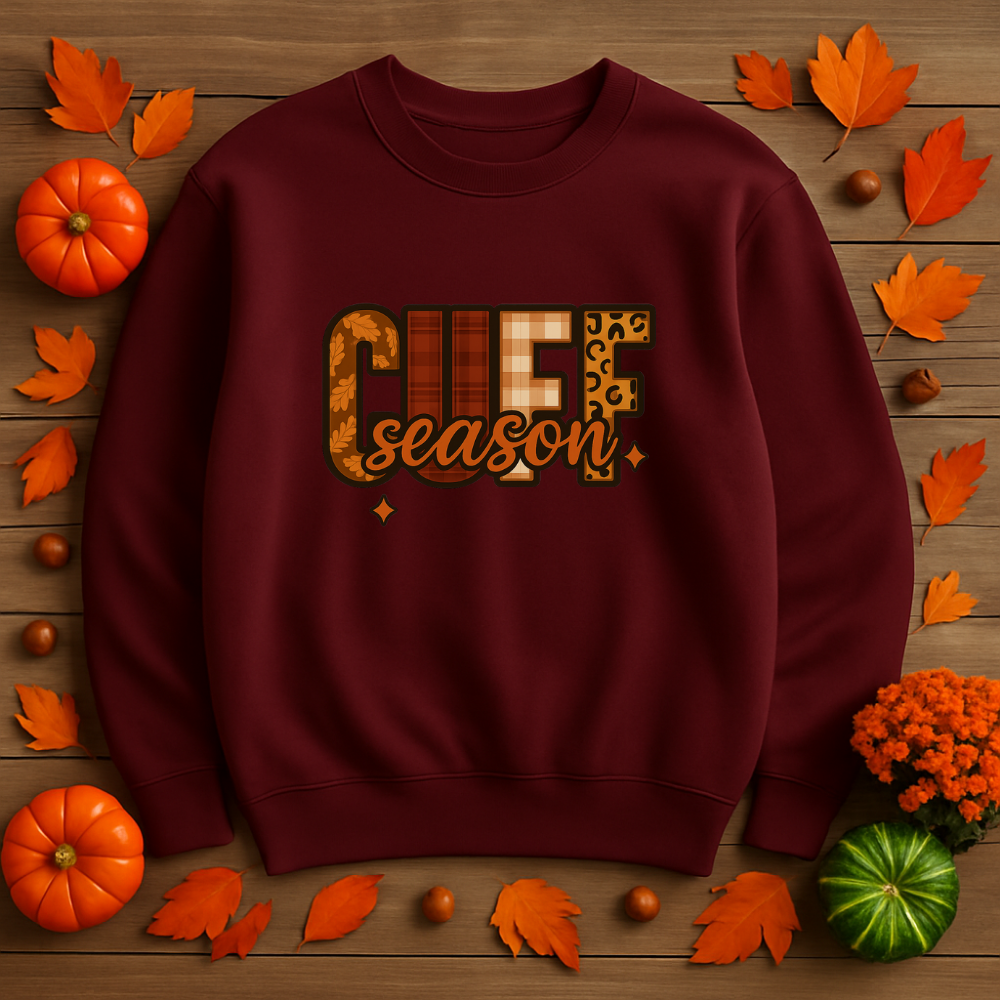 Cuff Season Sweatshirt Fall Cozy Crewneck Sand, Maroon & Black Pullover Autumn Aesthetic Thanksgiving Outfit Neutral Unisex Sweater