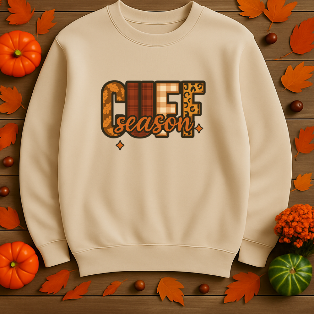 Cuff Season Sweatshirt Fall Cozy Crewneck Sand, Maroon & Black Pullover Autumn Aesthetic Thanksgiving Outfit Neutral Unisex Sweater