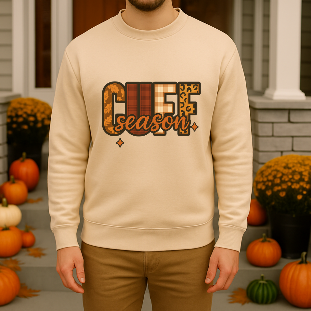 Cuff Season Sweatshirt Fall Cozy Crewneck Sand, Maroon & Black Pullover Autumn Aesthetic Thanksgiving Outfit Neutral Unisex Sweater