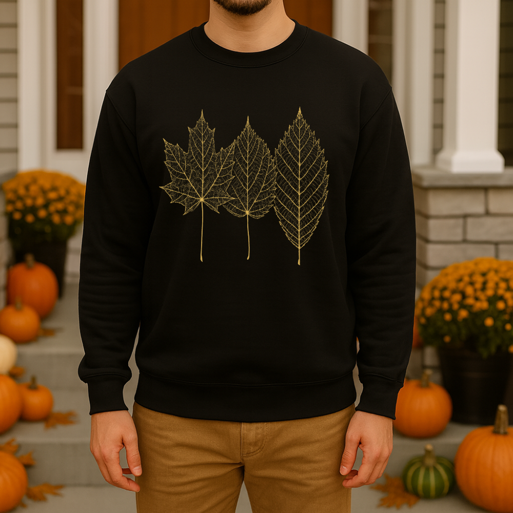 Gold Foil Leaf Sweatshirt Cozy Fall Crewneck Autumn Leaves Sweater Maroon, Sand, Black, Forest Green
