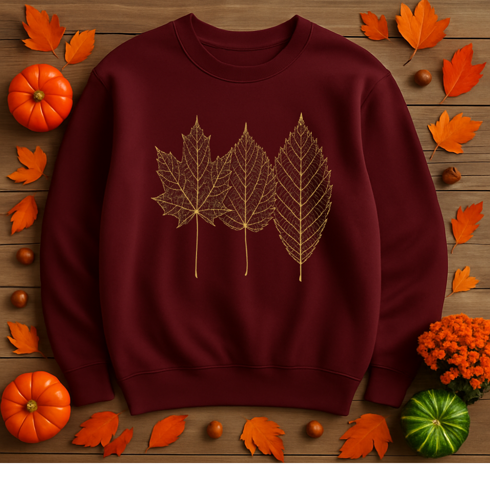 Gold Foil Leaf Sweatshirt Cozy Fall Crewneck Autumn Leaves Sweater Maroon, Sand, Black, Forest Green