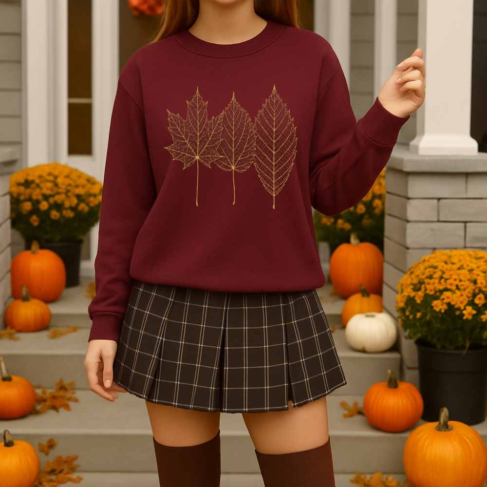 Gold Foil Leaf Sweatshirt Cozy Fall Crewneck Autumn Leaves Sweater Maroon, Sand, Black, Forest Green