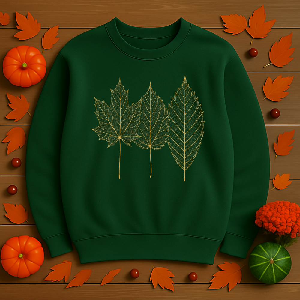 Gold Foil Leaf Sweatshirt Cozy Fall Crewneck Autumn Leaves Sweater Maroon, Sand, Black, Forest Green