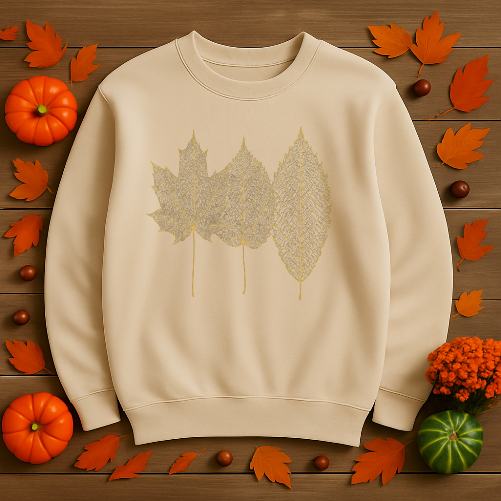 Gold Foil Leaf Sweatshirt Cozy Fall Crewneck Autumn Leaves Sweater Maroon, Sand, Black, Forest Green
