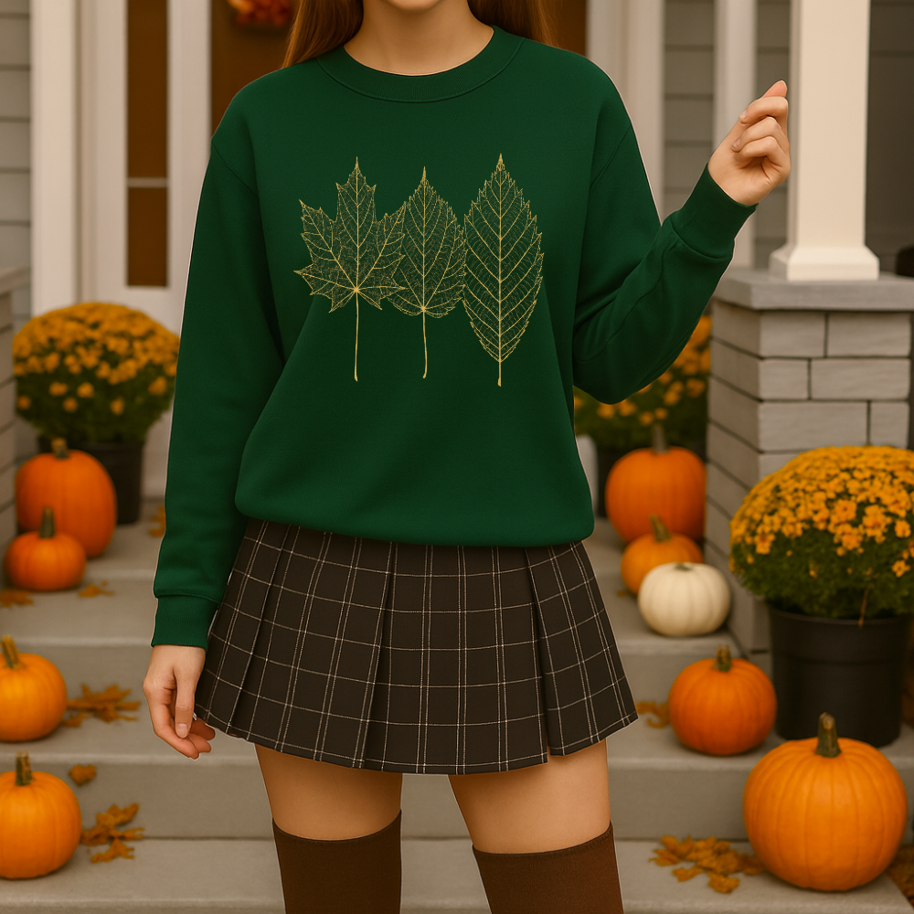 Gold Foil Leaf Sweatshirt Cozy Fall Crewneck Autumn Leaves Sweater Maroon, Sand, Black, Forest Green