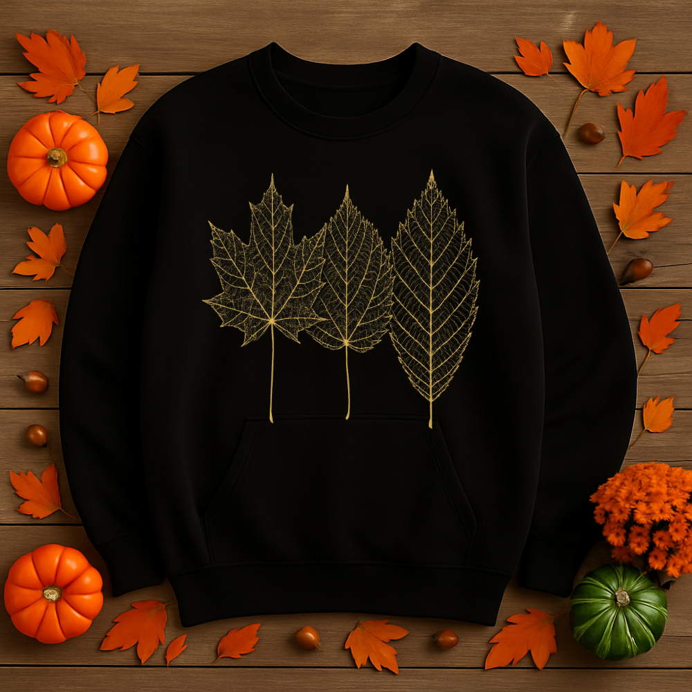 Gold Foil Leaf Sweatshirt Cozy Fall Crewneck Autumn Leaves Sweater Maroon, Sand, Black, Forest Green