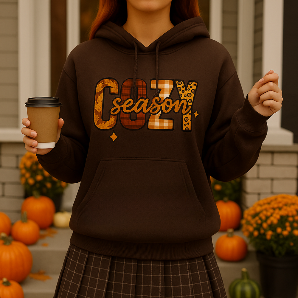 Cozy Season Hoodie Fall Sweatshirt Autumn Plaid Graphic Hoodie, Thanksgiving & Pumpkin Spice Vibes
