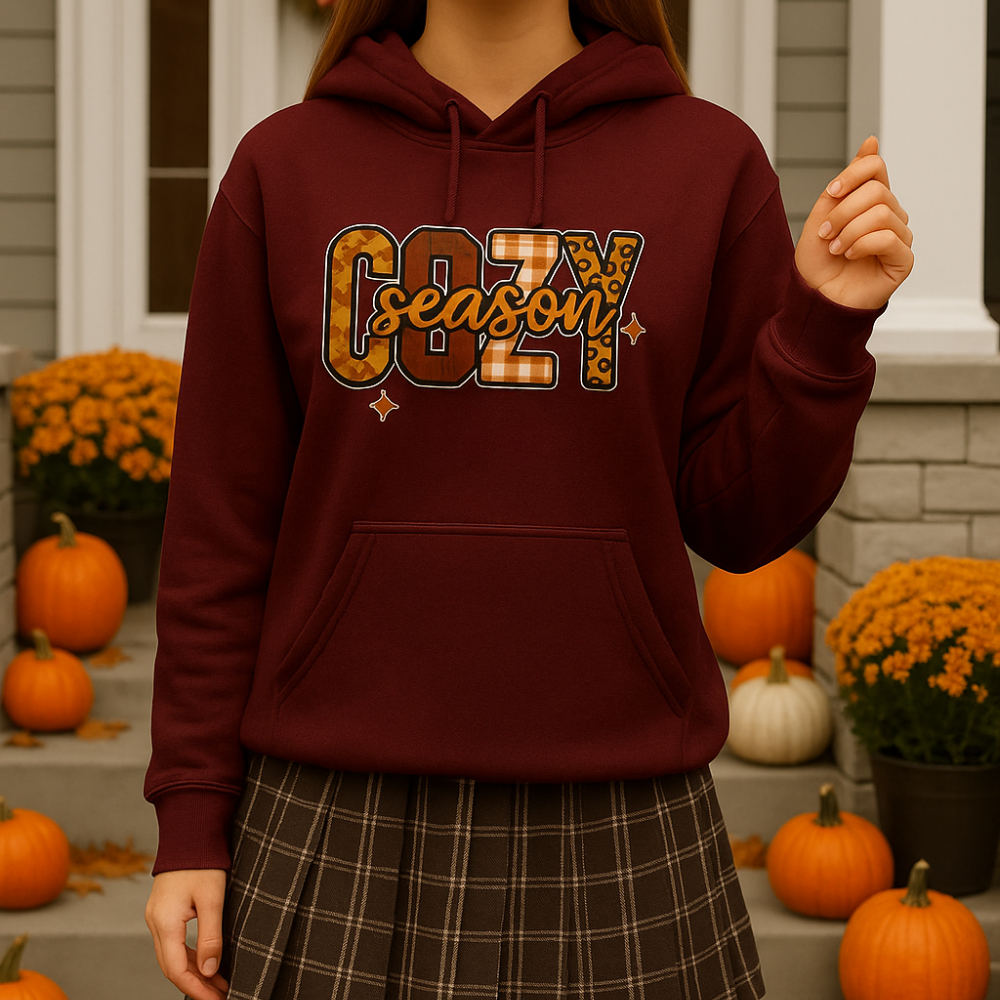 Cozy Season Hoodie Fall Sweatshirt Autumn Plaid Graphic Hoodie, Thanksgiving & Pumpkin Spice Vibes