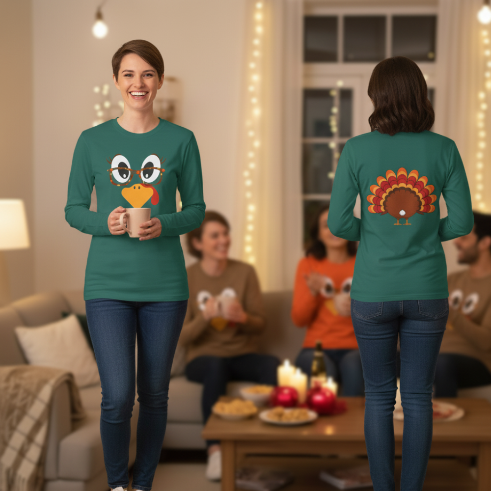 Funny Turkey Face Long Sleeve Shirt, Thanksgiving Family Matching Outfits, Fall Friendsgiving Shirt, Cute Turkey Top