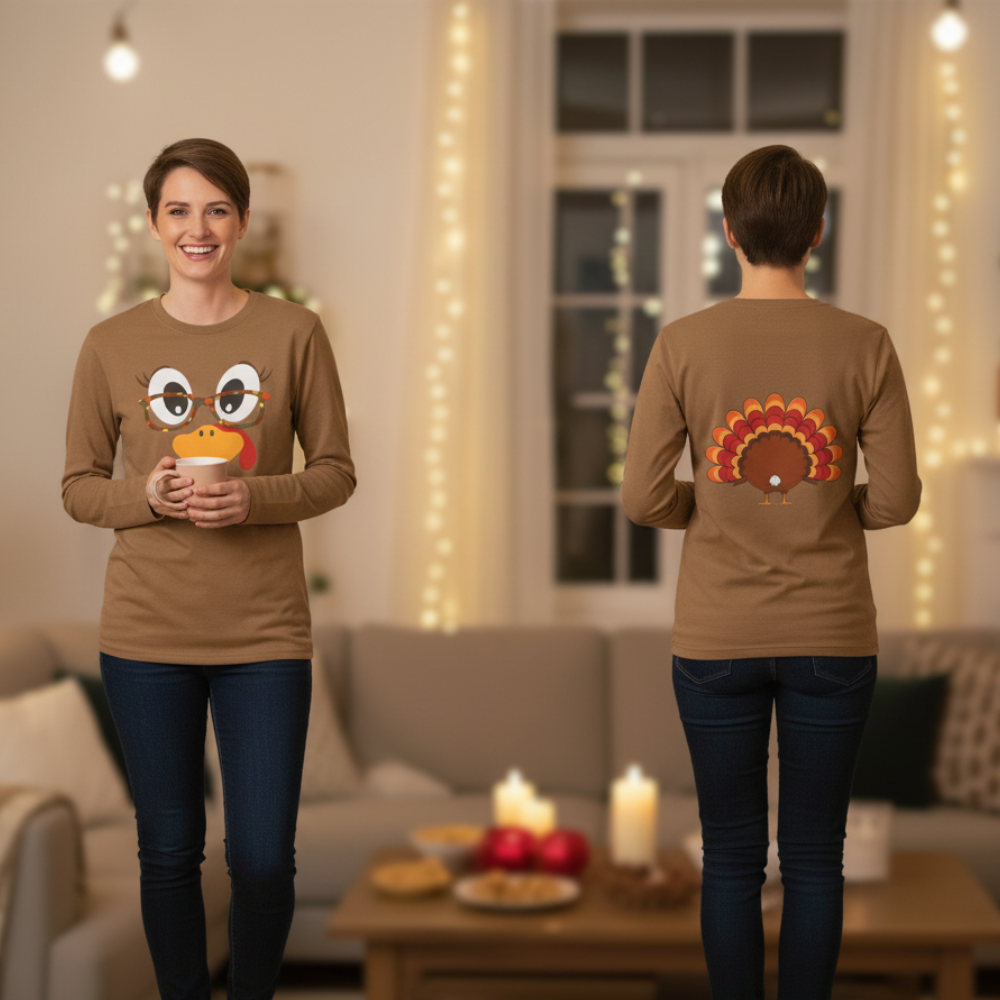 Funny Turkey Face Long Sleeve Shirt, Thanksgiving Family Matching Outfits, Fall Friendsgiving Shirt, Cute Turkey Top