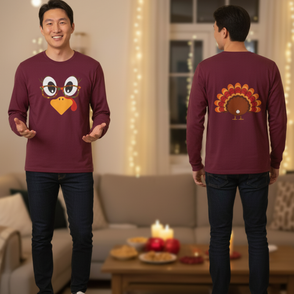 Funny Turkey Face Long Sleeve Shirt, Thanksgiving Family Matching Outfits, Fall Friendsgiving Shirt, Cute Turkey Top