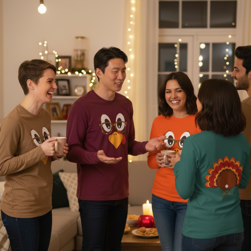 Funny Turkey Face Long Sleeve Shirt, Thanksgiving Family Matching Outfits, Fall Friendsgiving Shirt, Cute Turkey Top