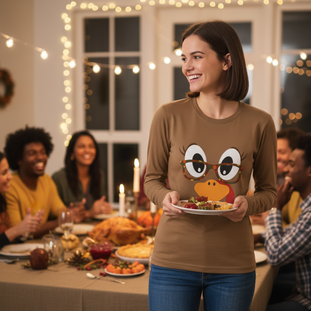 Funny Turkey Face Long Sleeve Shirt, Thanksgiving Family Matching Outfits, Fall Friendsgiving Shirt, Cute Turkey Top