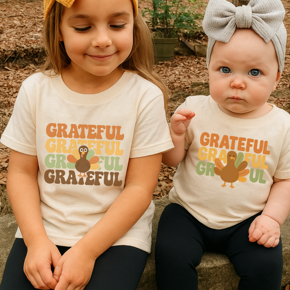 Kids GRATEFUL Thanksgiving T Shirt Cute Turkey Retro Fall Outfit Toddler Youth Holiday Tee Autumn Family Matching Clothes