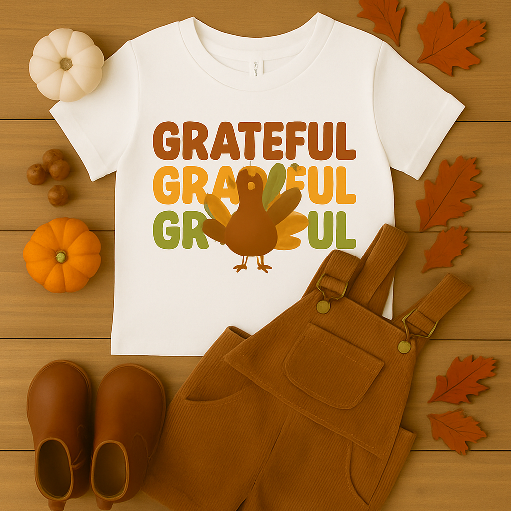 Kids GRATEFUL Thanksgiving T Shirt Cute Turkey Retro Fall Outfit Toddler Youth Holiday Tee Autumn Family Matching Clothes