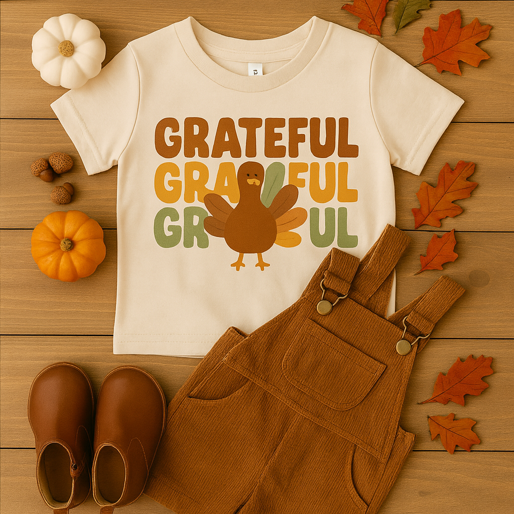 Kids GRATEFUL Thanksgiving T Shirt Cute Turkey Retro Fall Outfit Toddler Youth Holiday Tee Autumn Family Matching Clothes