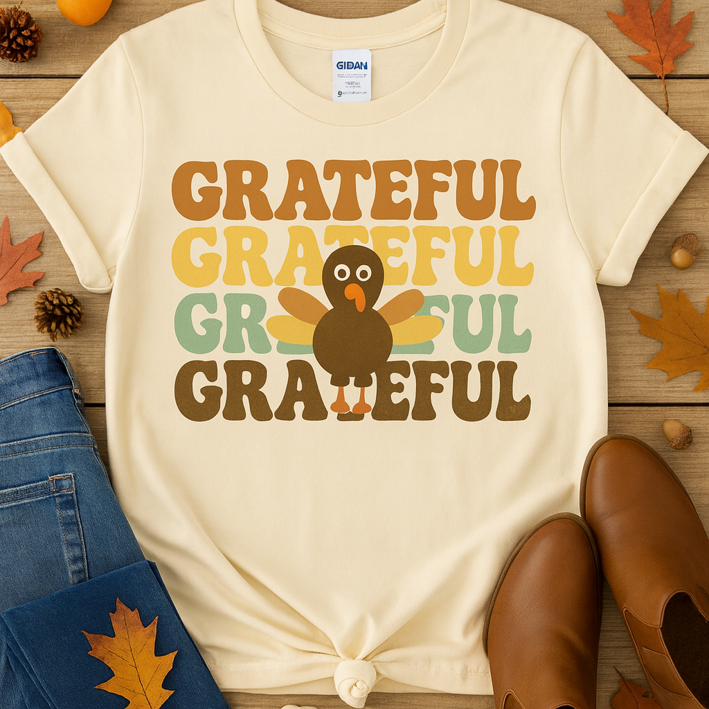 Retro GRATEFUL Thanksgiving T Shirt Cute Turkey Fall Family Outfit Cozy Autumn Graphic Tee Bella Canvas Unisex