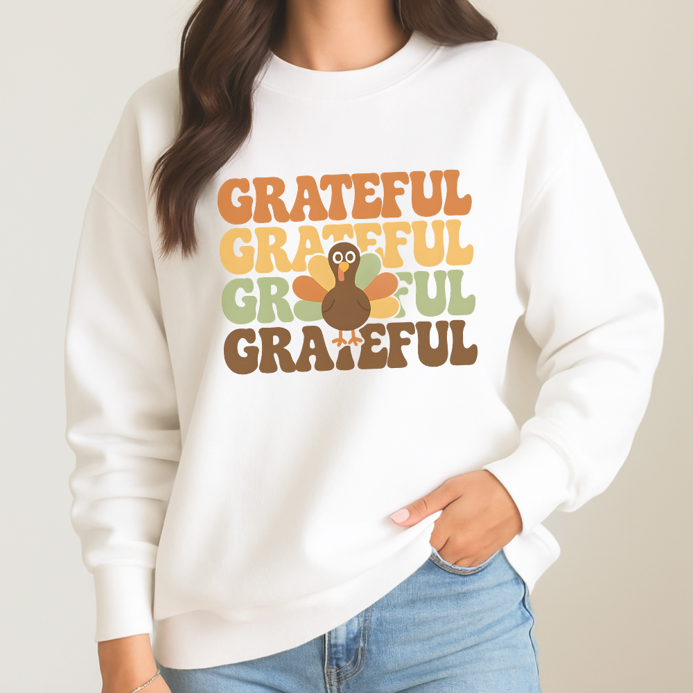 GRATEFUL Turkey Thanksgiving Sweatshirt Retro Fall Pullover Cute Holiday Family Outfit Matching Adult and Kids Sizes