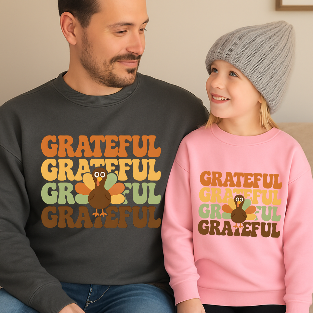 GRATEFUL Turkey Thanksgiving Sweatshirt Retro Fall Pullover Cute Holiday Family Outfit Matching Adult and Kids Sizes