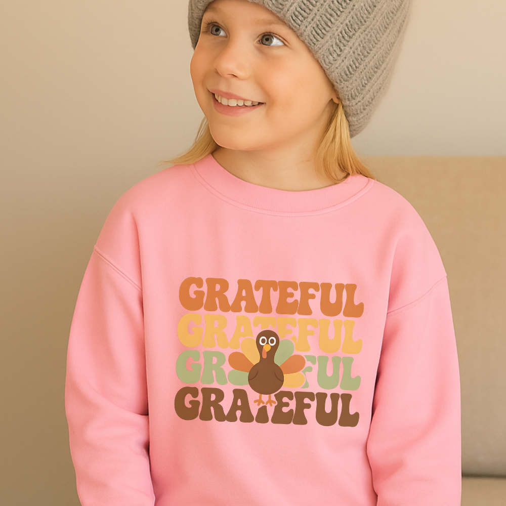 Toddler GRATEFUL Thanksgiving Sweatshirt Cute Turkey Retro Fall Pullover Cozy Autumn Outfit Holiday Gift for Boys and Girls
