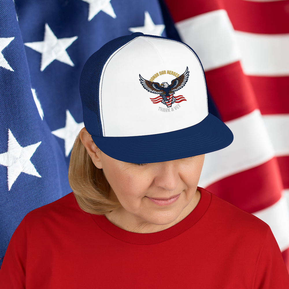 Veterans Trucker Hat Patriotic Eagle and Flag Cap Honor Our Heroes Thank a Vet Military Pride Gift for Veterans Day Memorial Day
