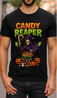 Candy Reaper Halloween T-Shirt Funny Grim Reaper Costume Shirt with Candy Cauldron & Pumpkins Spooky Trick or Treat Graphic Tee
