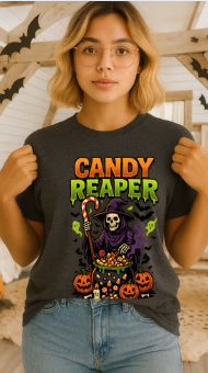 Candy Reaper Halloween T-Shirt Funny Grim Reaper Costume Shirt with Candy Cauldron & Pumpkins Spooky Trick or Treat Graphic Tee