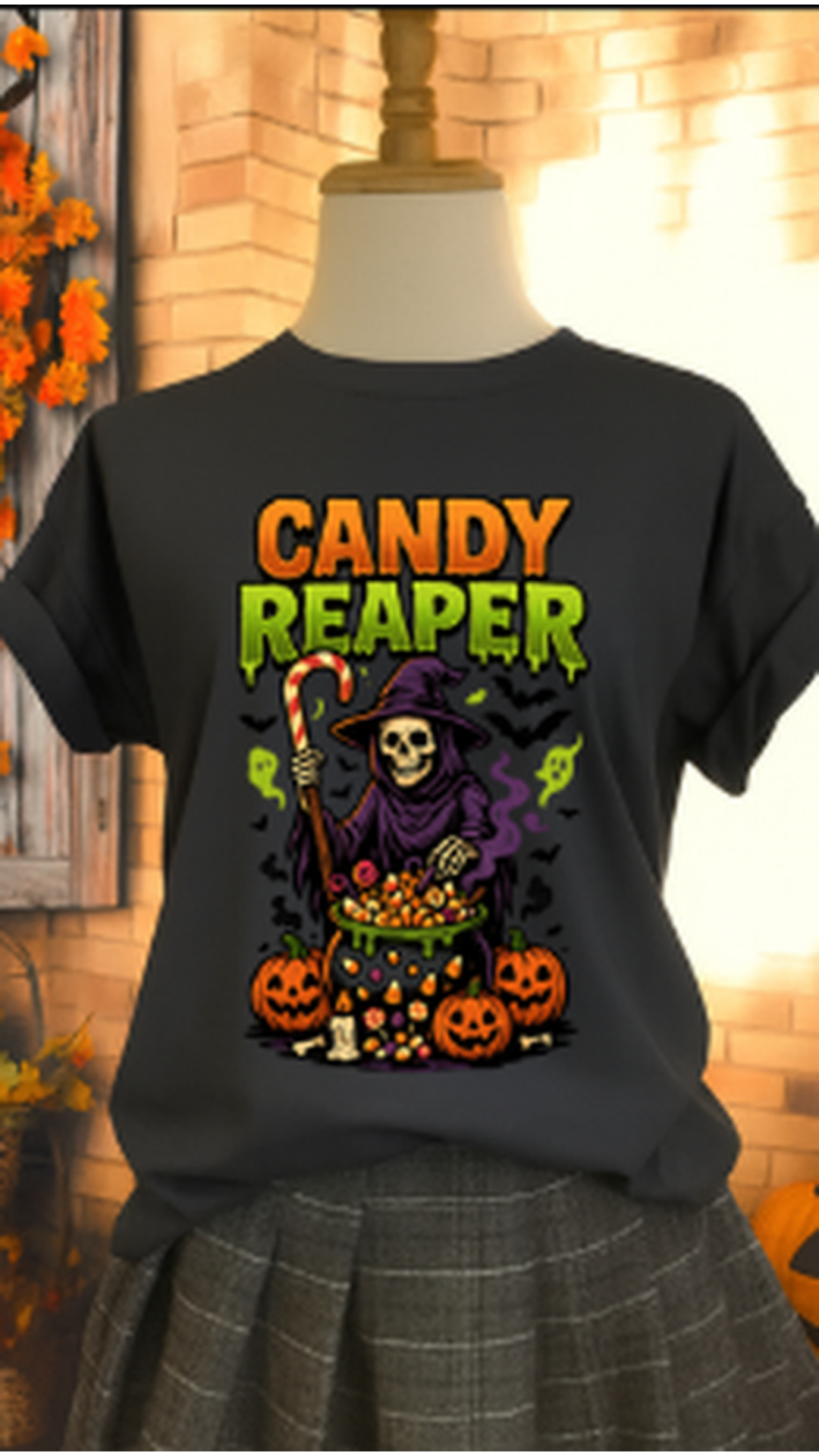 Candy Reaper Halloween T-Shirt Funny Grim Reaper Costume Shirt with Candy Cauldron & Pumpkins Spooky Trick or Treat Graphic Tee