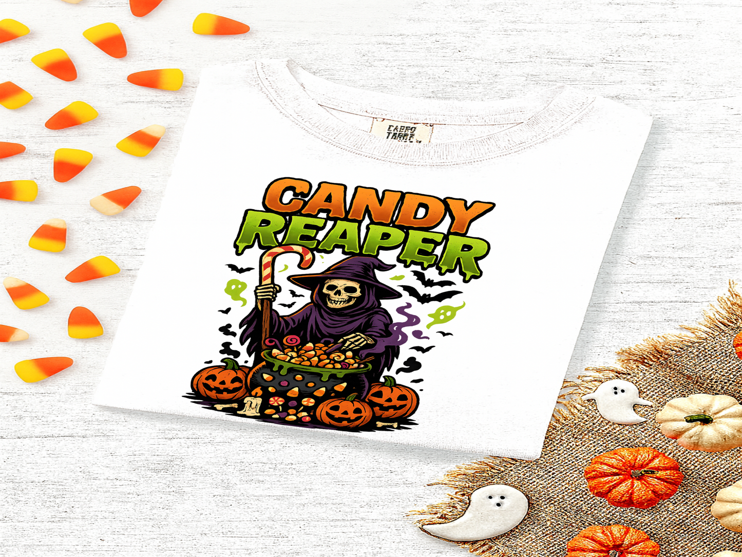 Candy Reaper Halloween T-Shirt Funny Grim Reaper Costume Shirt with Candy Cauldron & Pumpkins Spooky Trick or Treat Graphic Tee