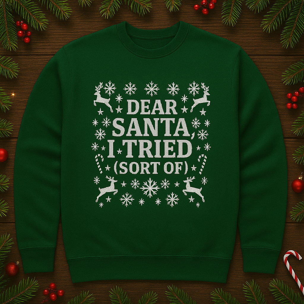 Dear Santa I Tried (Sort Of) Funny Christmas Sweatshirt | Ugly Sweater Party Shirt | Holiday Gift for Him Her | Cozy Xmas Humor Top
