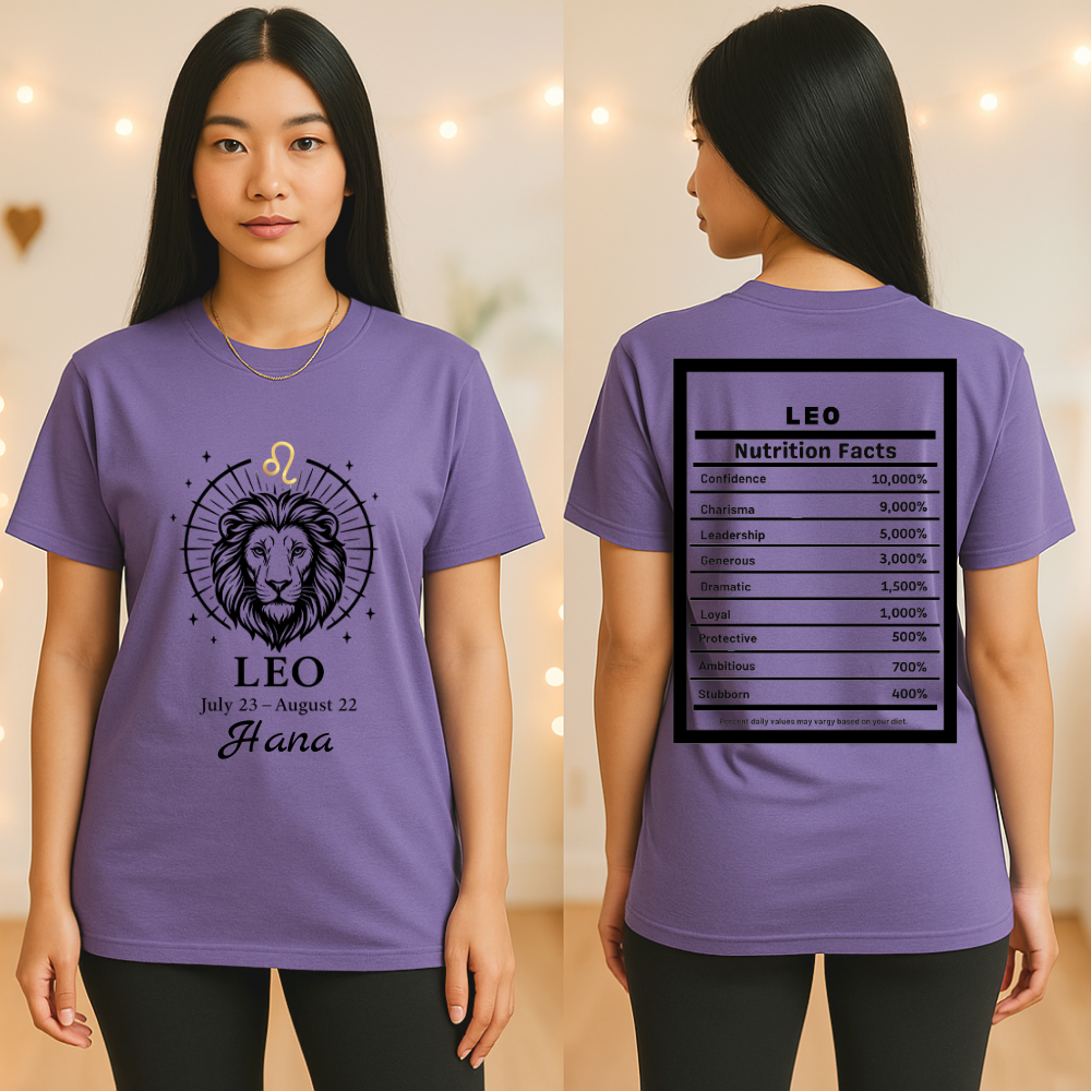 Leo Lion Zodiac T-Shirt | Astrology July 23 - August 22, Nutrition Facts Back