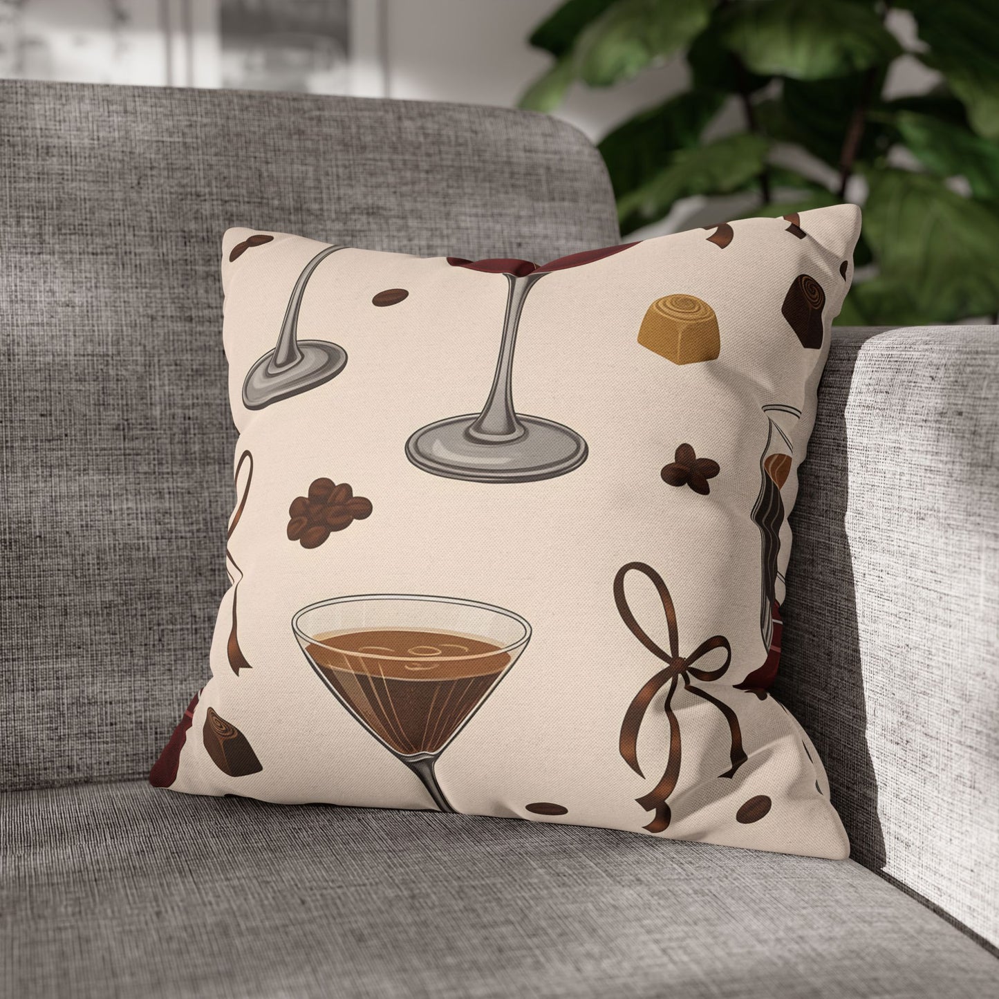 Cozy Cocktail Lounge Decorative Pillow Coffee & Chocolate Pattern Cushion Neutral Gift for Home Bar, Kitchen, or Patio Decor