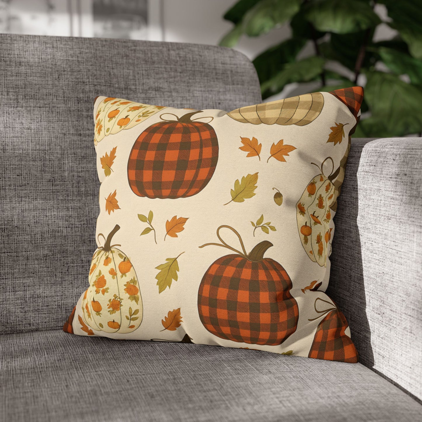 Pumpkin Pattern Spun Polyester Pillow Cozy Autumn Accent Cushion for Sofa, Bed, or Chair, Fall Home Decor in 4 Sizes