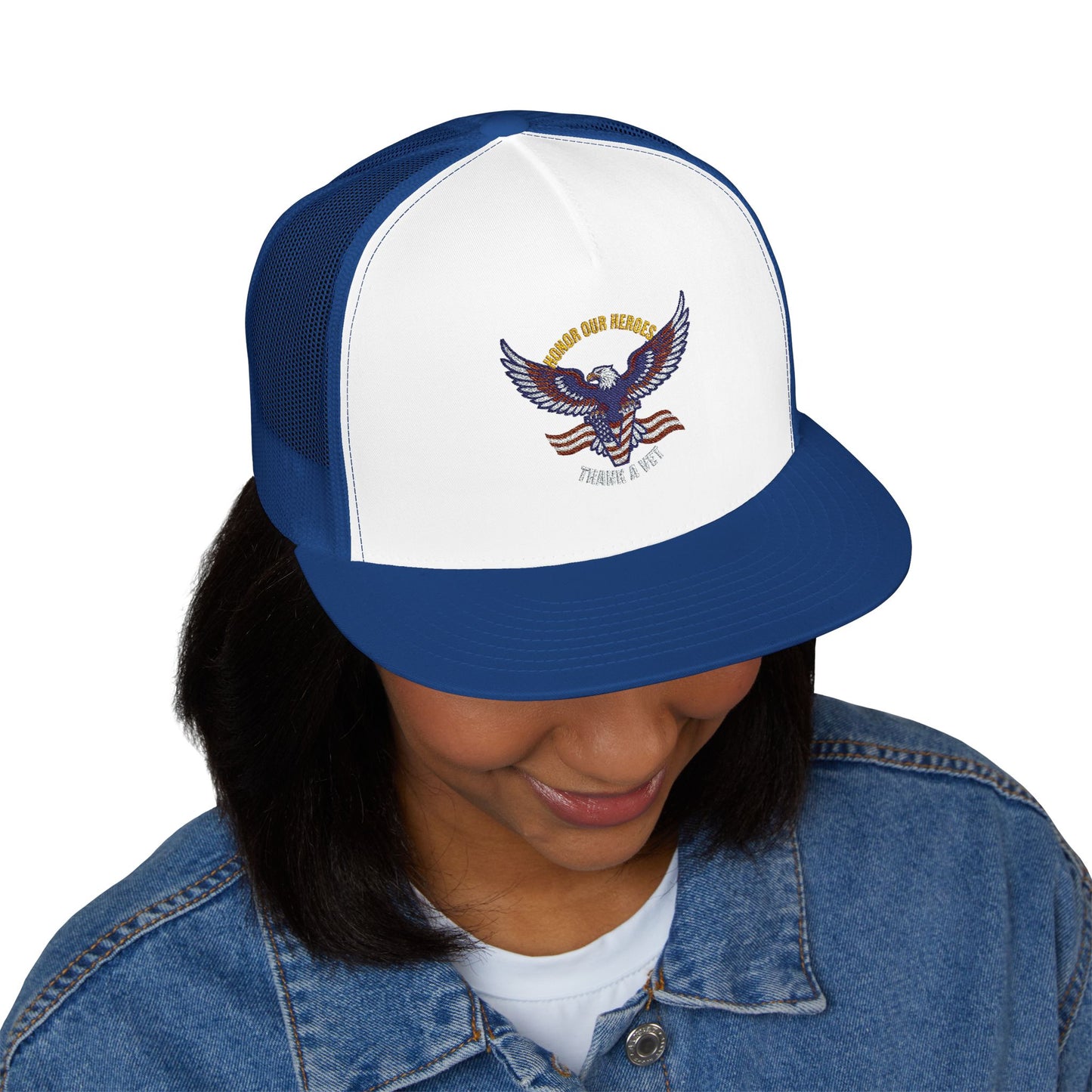 Veterans Trucker Hat Patriotic Eagle and Flag Cap Honor Our Heroes Thank a Vet Military Pride Gift for Veterans Day Memorial Day