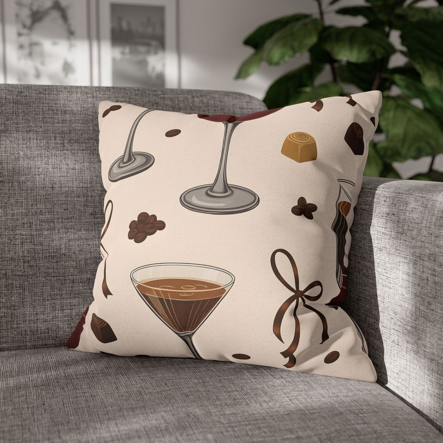 Cozy Cocktail Lounge Decorative Pillow Coffee & Chocolate Pattern Cushion Neutral Gift for Home Bar, Kitchen, or Patio Decor