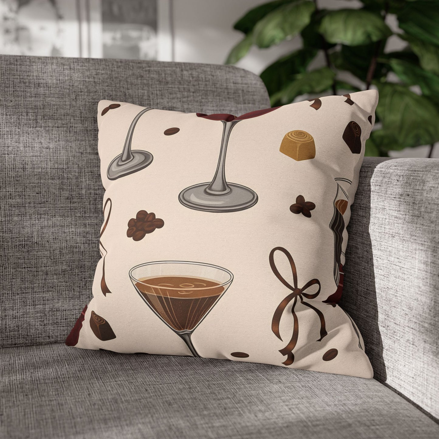 Cozy Cocktail Lounge Decorative Pillow Coffee & Chocolate Pattern Cushion Neutral Gift for Home Bar, Kitchen, or Patio Decor