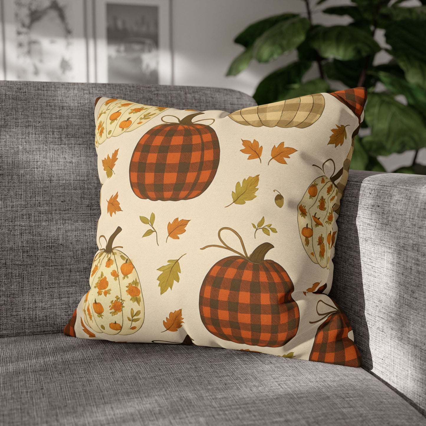 Pumpkin Pattern Spun Polyester Pillow Cozy Autumn Accent Cushion for Sofa, Bed, or Chair, Fall Home Decor in 4 Sizes