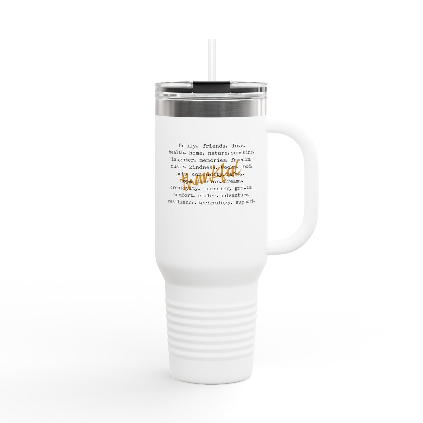 40oz Thankful Tumbler with Handle | Stainless Steel Insulated Travel Mug | Gratitude Gift | Large Coffee Cup Hot Cold | Inspirational Mug