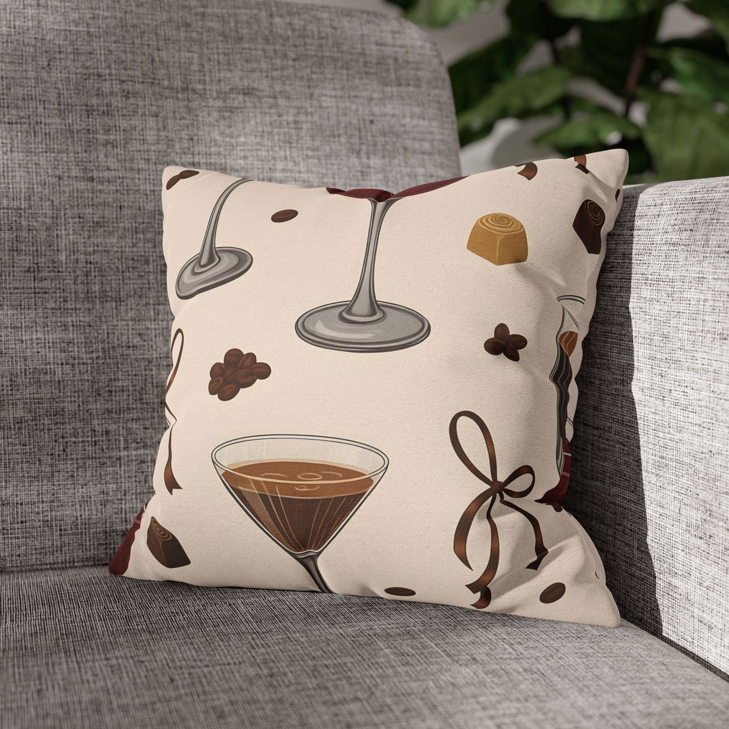 Cozy Cocktail Lounge Decorative Pillow Coffee & Chocolate Pattern Cushion Neutral Gift for Home Bar, Kitchen, or Patio Decor
